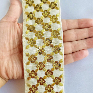Beige Art Silk Fabric Trim With Gold Embroidery and Gold Sequins, Approx. 55mm Wide - 210119L166